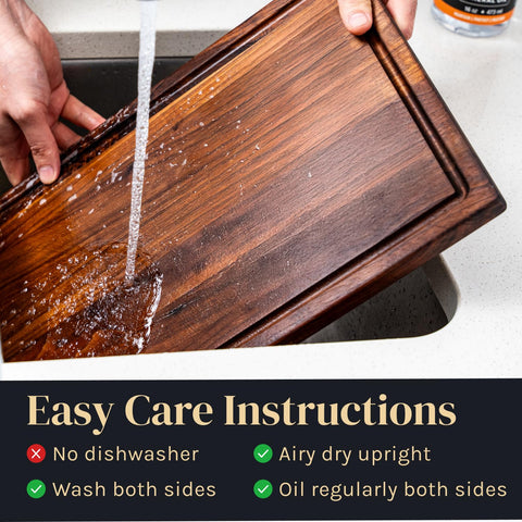 Mevell walnut cutting board seasoned and ready to use with oil and beeswax finish.