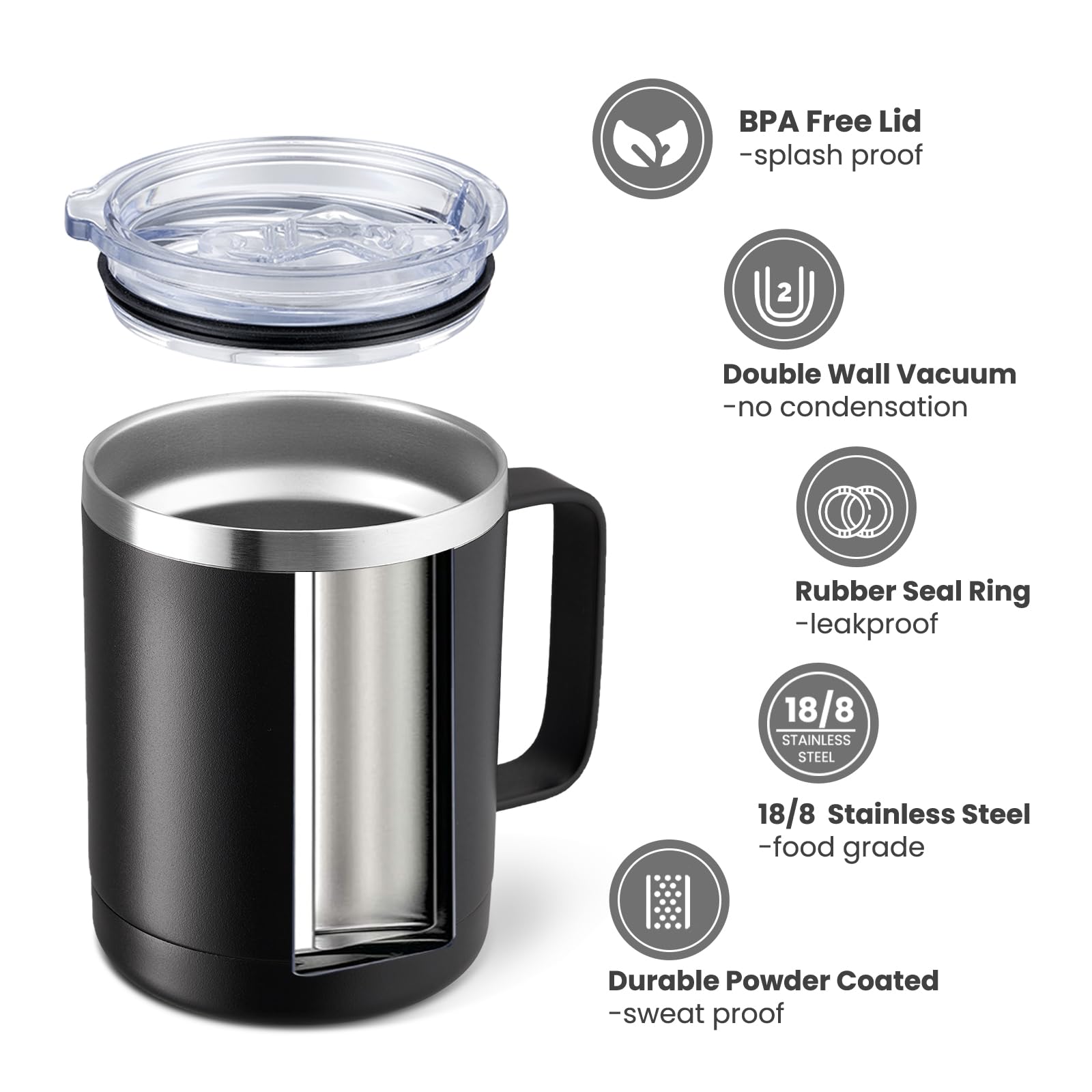 MEWAY stainless steel travel tumbler with sliding lid, black, spill-free travel