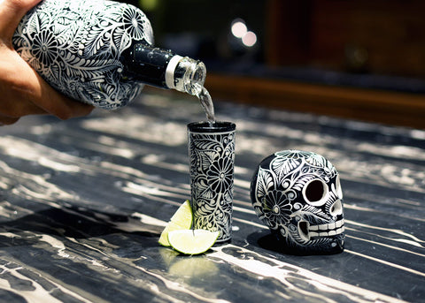 Hand-painted design detail from the Mexskeletons skull bottle
