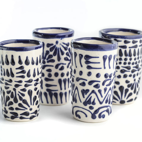 MEXTEQUIL Talavera shot glass with blue lace design, ideal for tequila tastings.