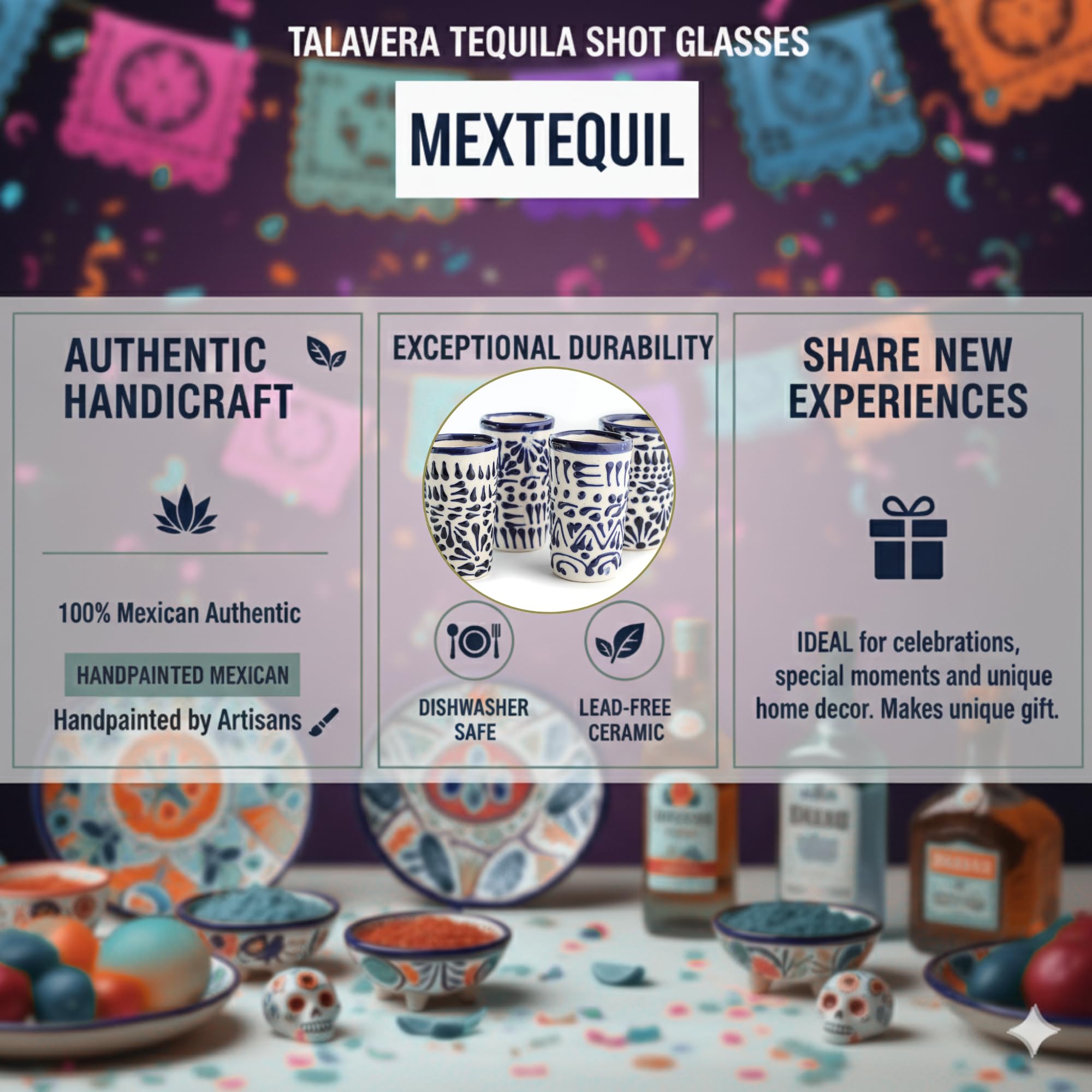MEXTEQUIL Talavera shot glasses, set of four, gift-ready and conversation-starting.