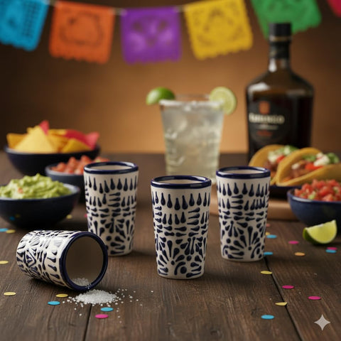 MEXTEQUIL blue lace Talavera glassware, artisanal craftsmanship and durable glass.