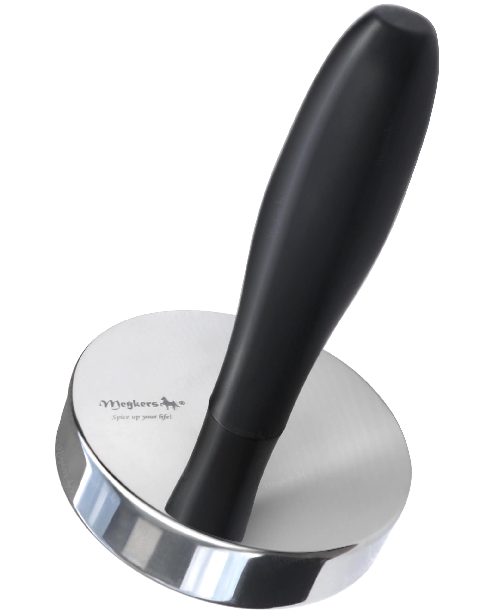 Meykers Meat Pounder Tenderizer front view highlights durable stainless steel for tough flattening tasks.