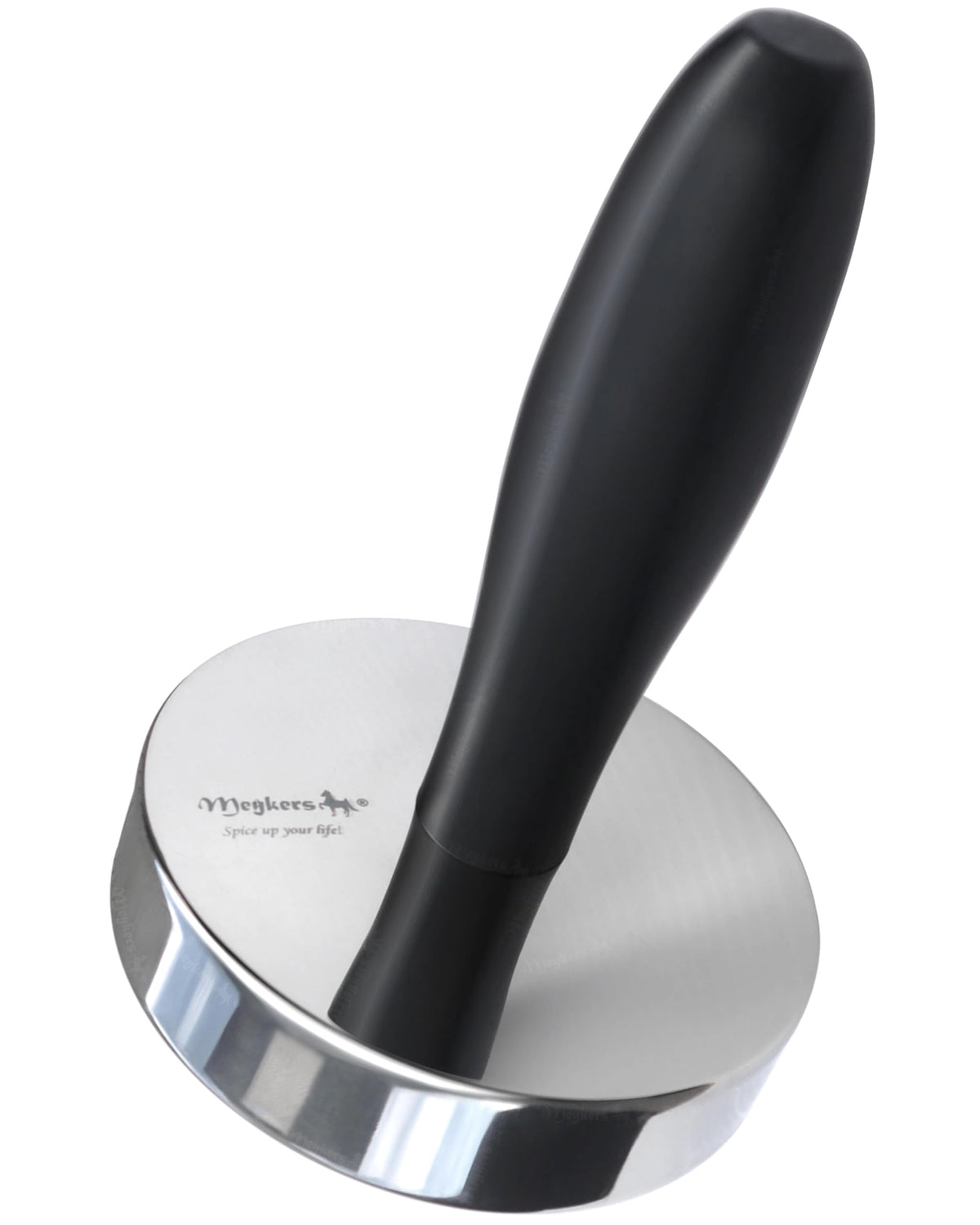 Meykers Meat Pounder Tenderizer front view highlights durable stainless steel for tough flattening tasks.