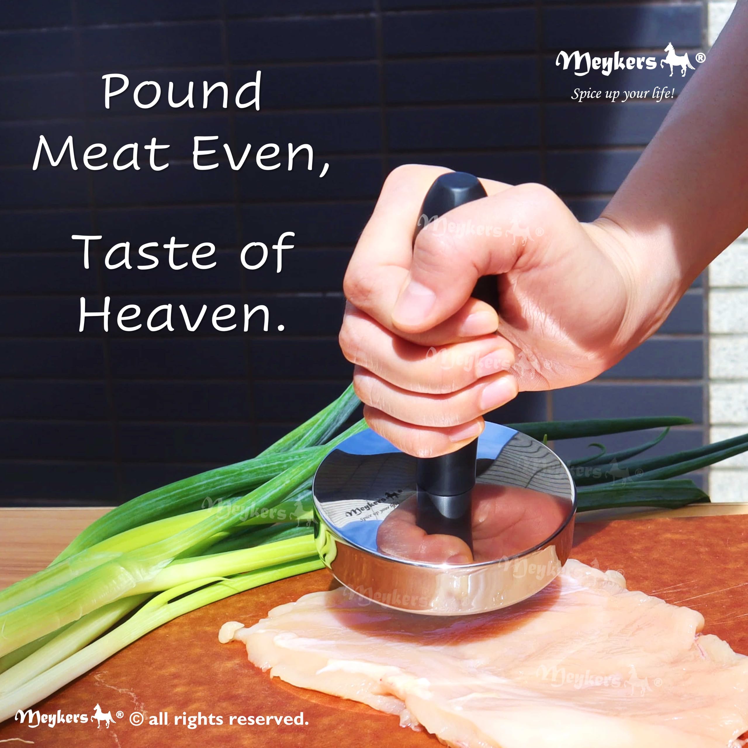 Meykers Meat Pounder Tenderizer side view shows ergonomic handle for comfortable, controlled pounding.