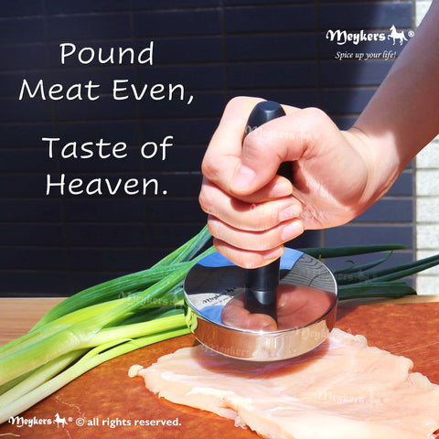 Meykers Meat Pounder Tenderizer side view shows ergonomic handle for comfortable, controlled pounding.