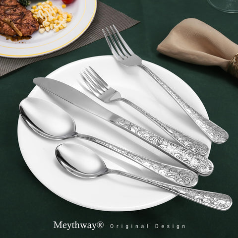 Meythway vintage carved silverware dinner fork with textured profile for steady handling.