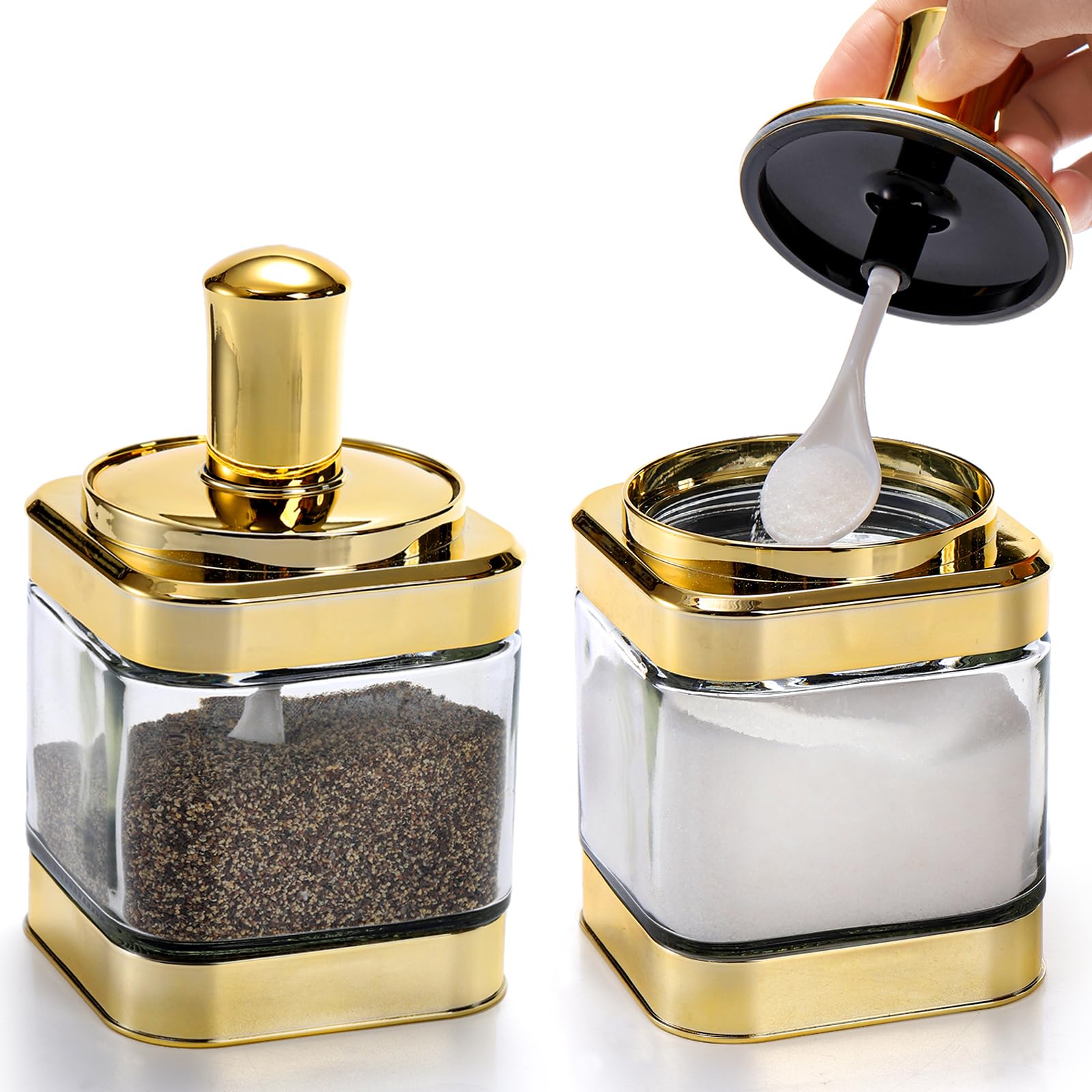 Mezchi 2-pack glass condiment pots with clear bodies for easy spice visibility.