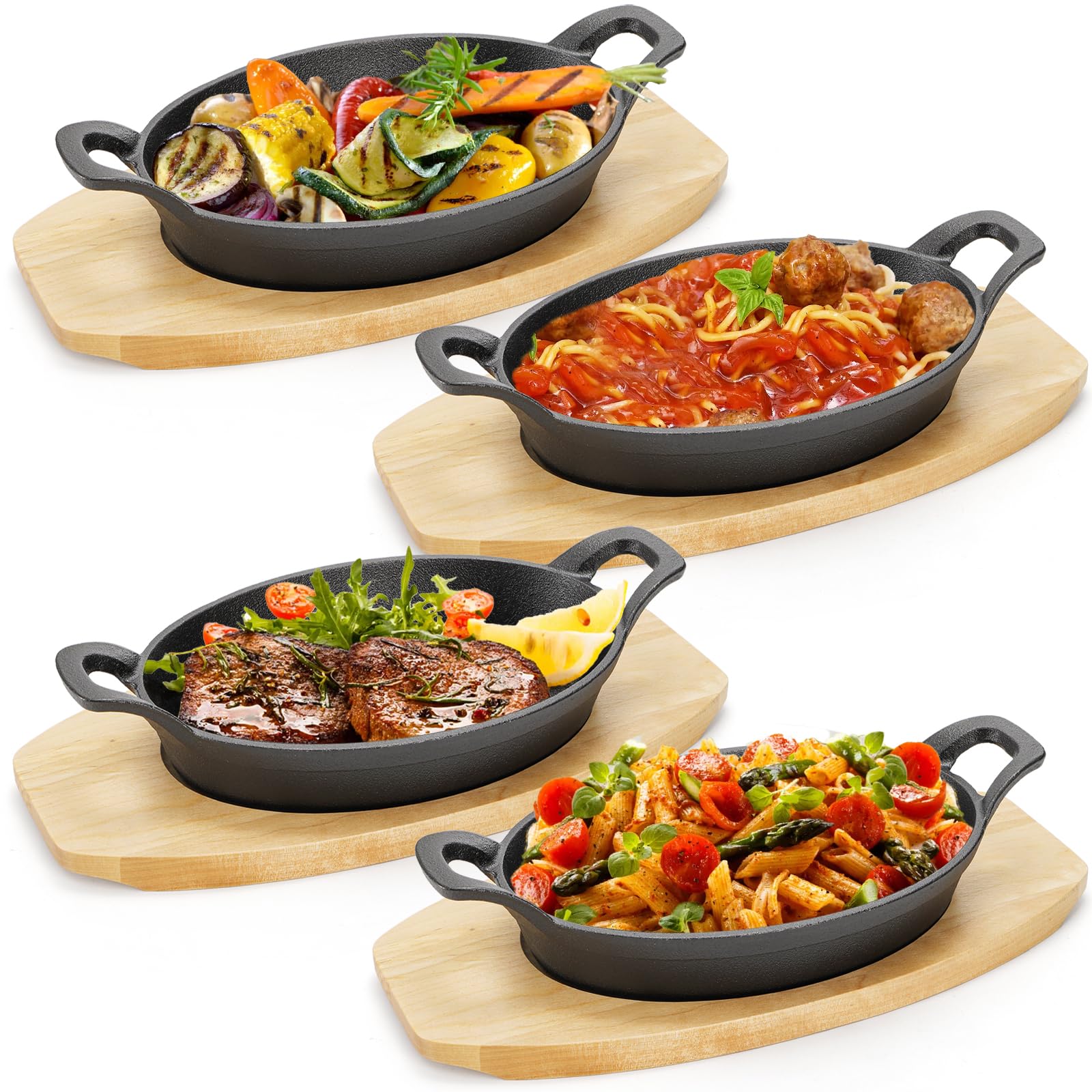 Mezchi four-pack mini cast iron fajita skillets top view, ready for sizzling meals