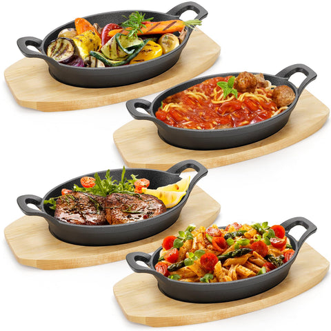 Mezchi four-pack mini cast iron fajita skillets top view, ready for sizzling meals