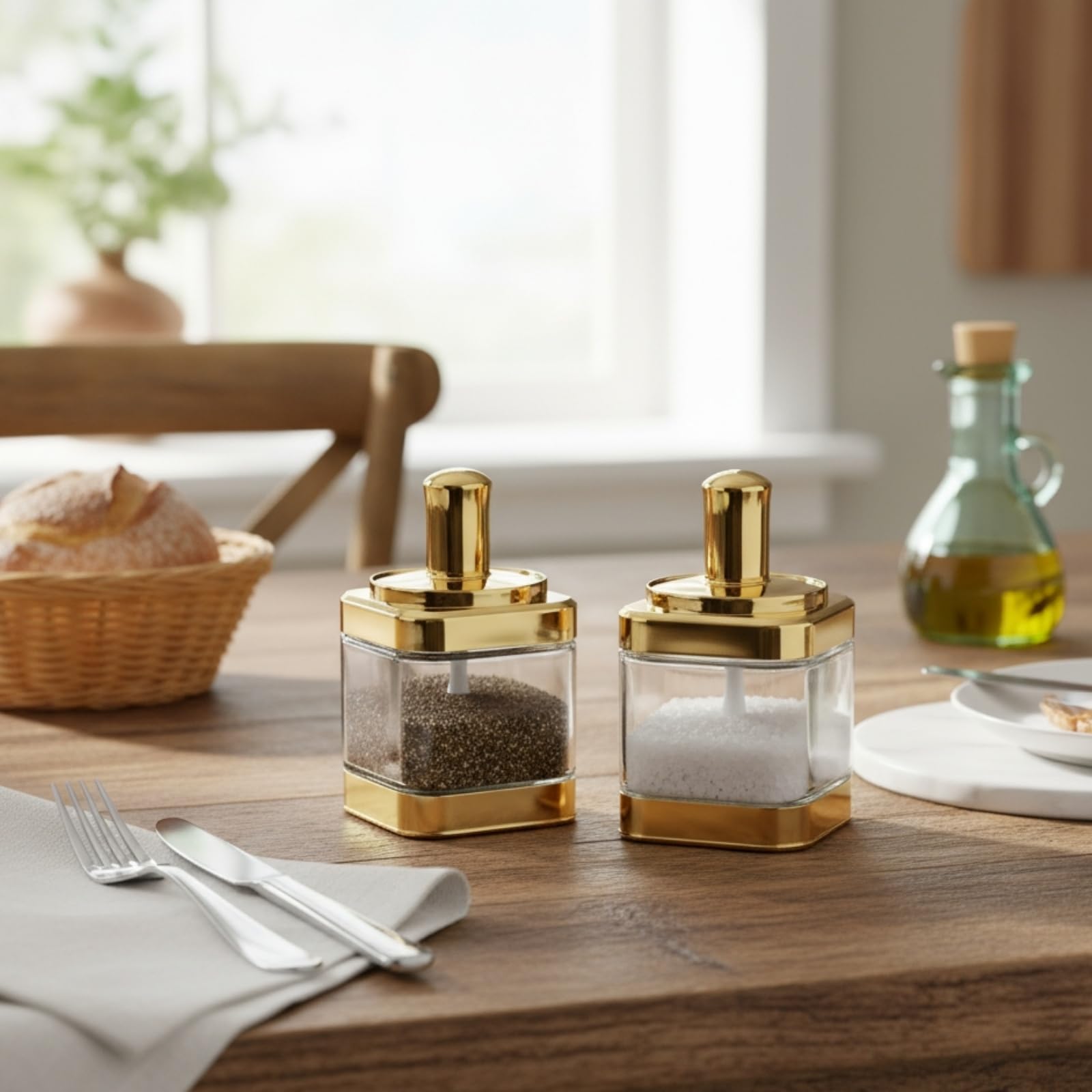 Mezchi gold lid sugar dispenser adds elegance to your countertop.