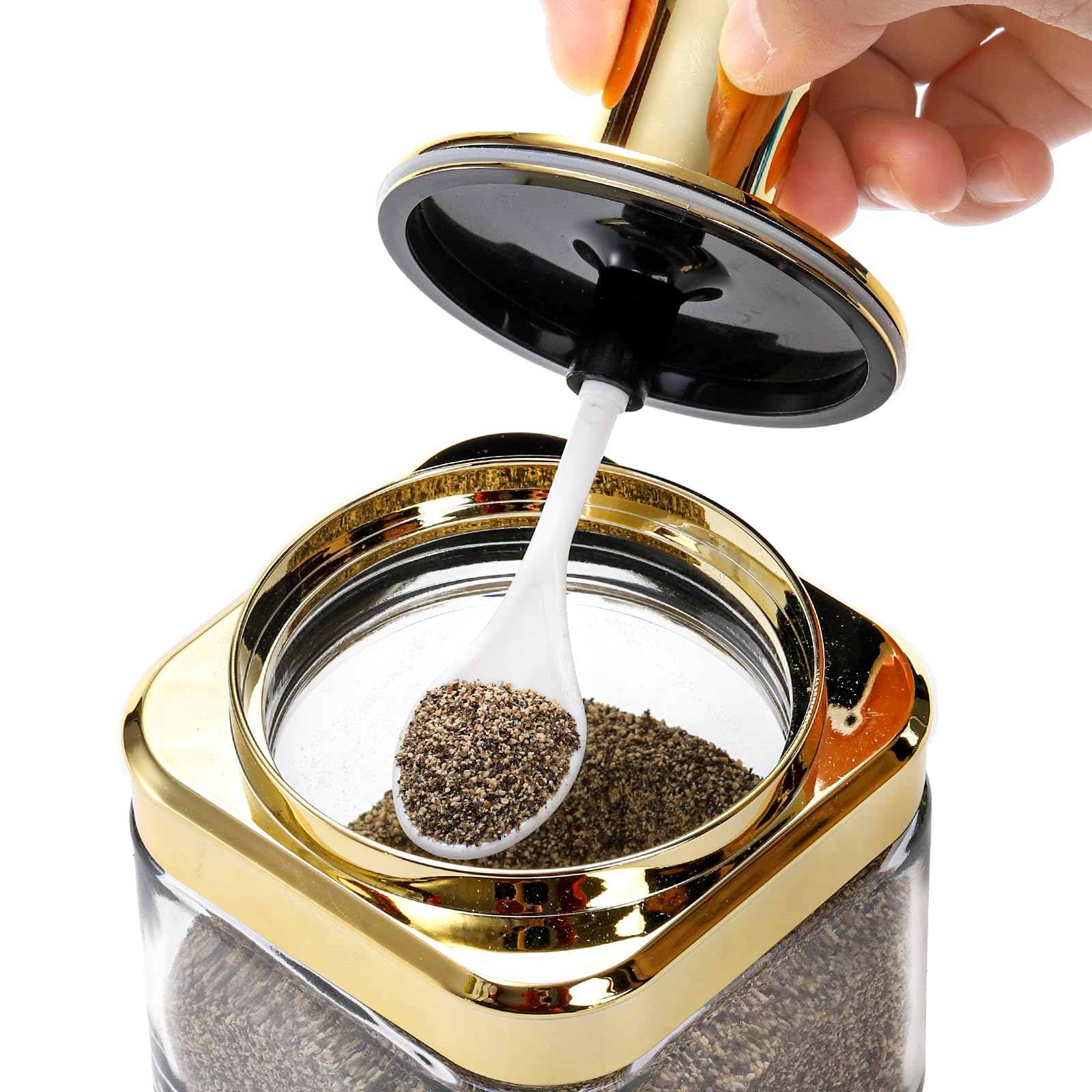 Mezchi lid notch fits the spoon for convenient dispensing.