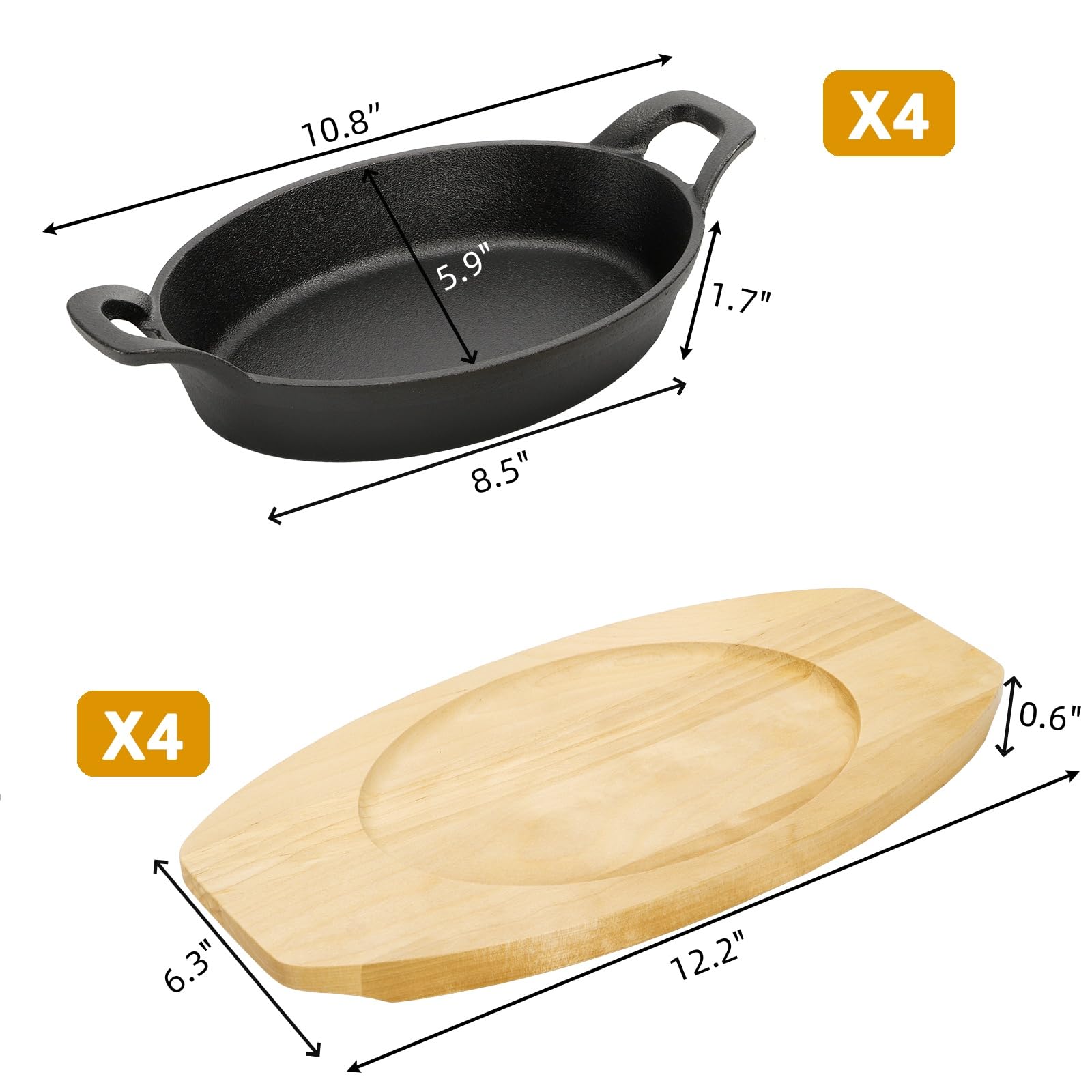 Mezchi fajita skillets with wooden base on rustic serving trays