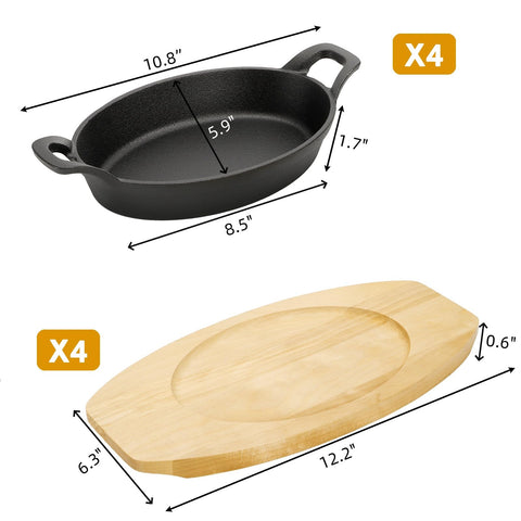 Mezchi fajita skillets with wooden base on rustic serving trays