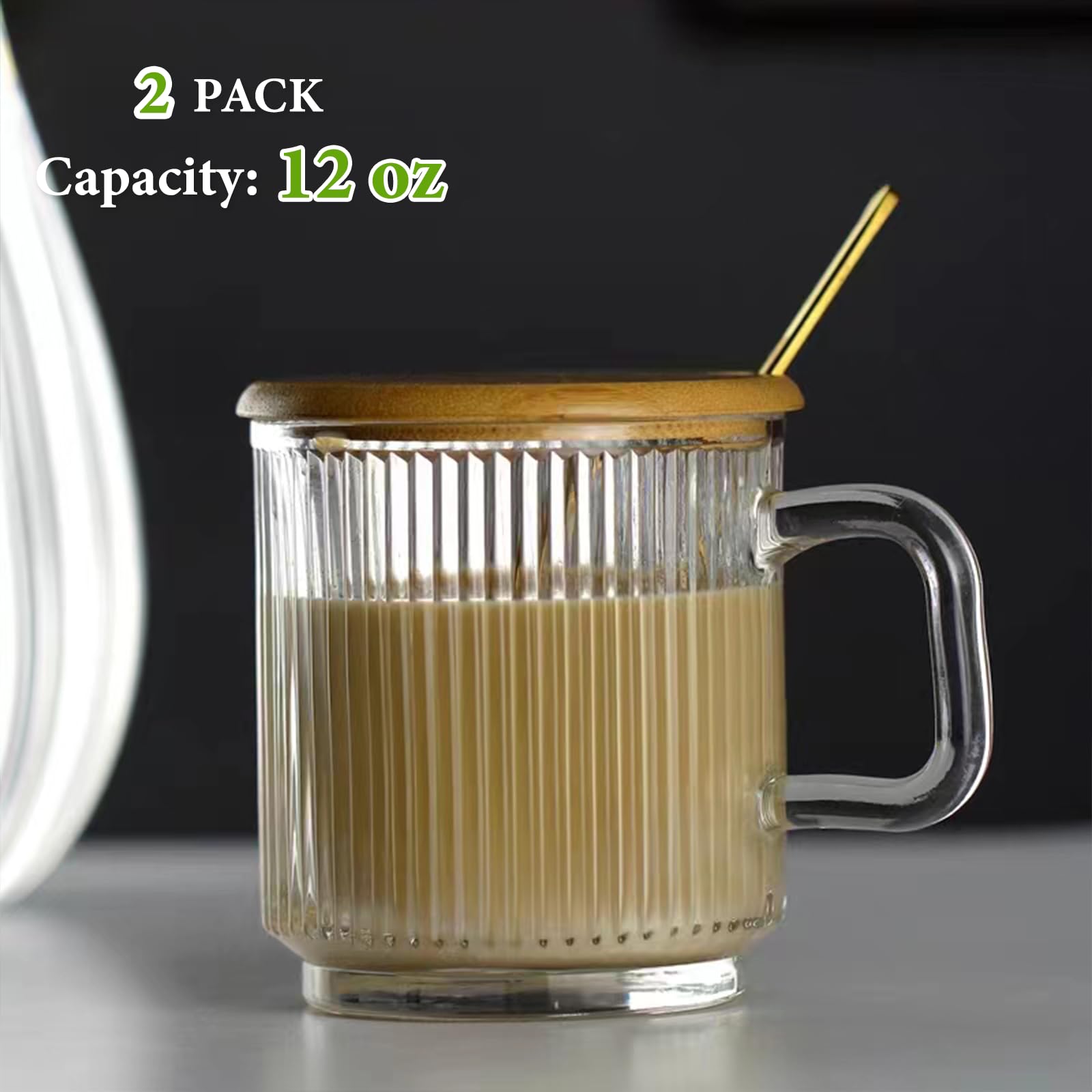 Mfacoy 12oz ribbed glass mug perfect for hot or cold drinks.
