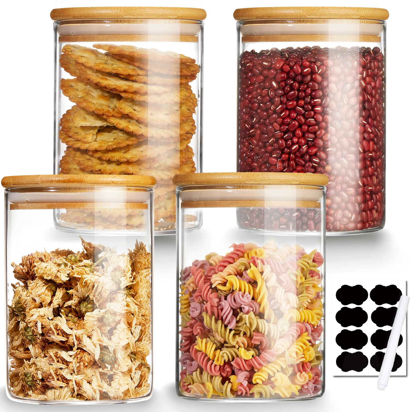 Mfacoy four-pack glass jars with airtight bamboo lids for fresh pantry storage