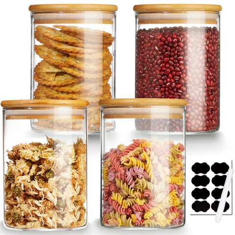 Mfacoy four-pack glass jars with airtight bamboo lids for fresh pantry storage