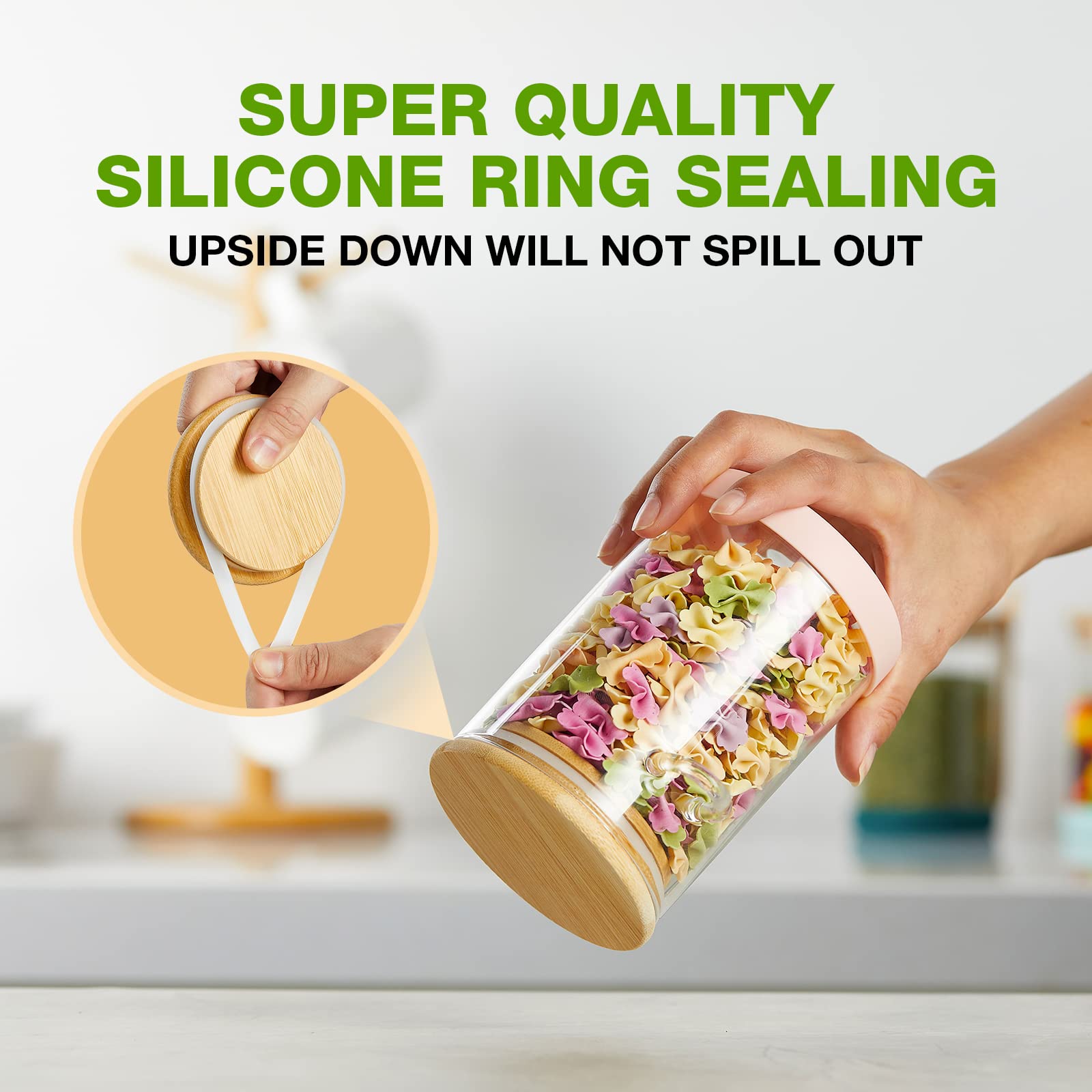 Mfacoy bamboo lid seal close-up demonstrates moisture barrier for longer shelf life