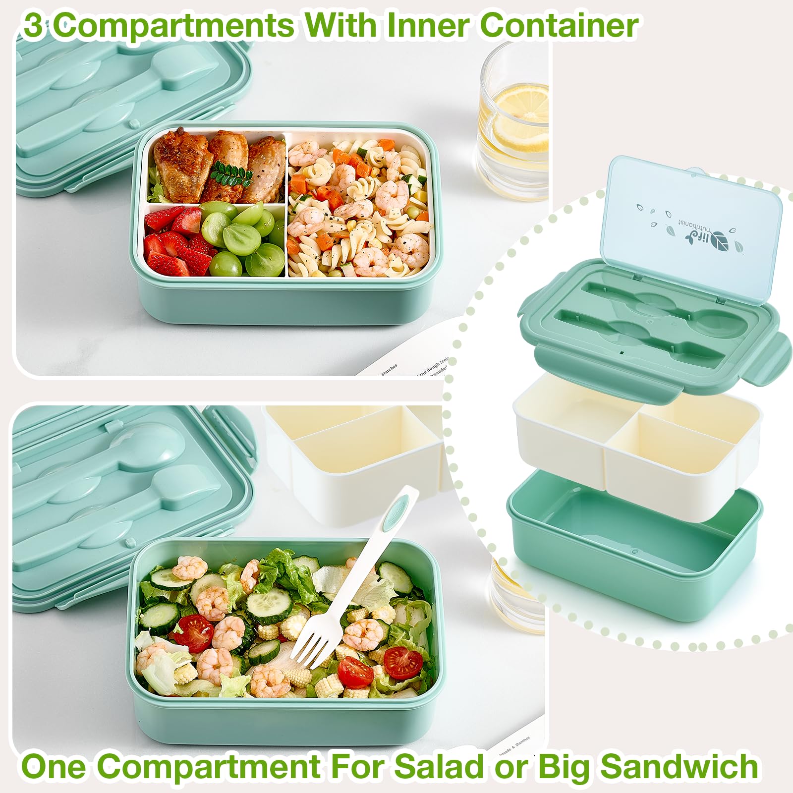 Mfacoy bento box includes fork and spoon for on-the-go meals.