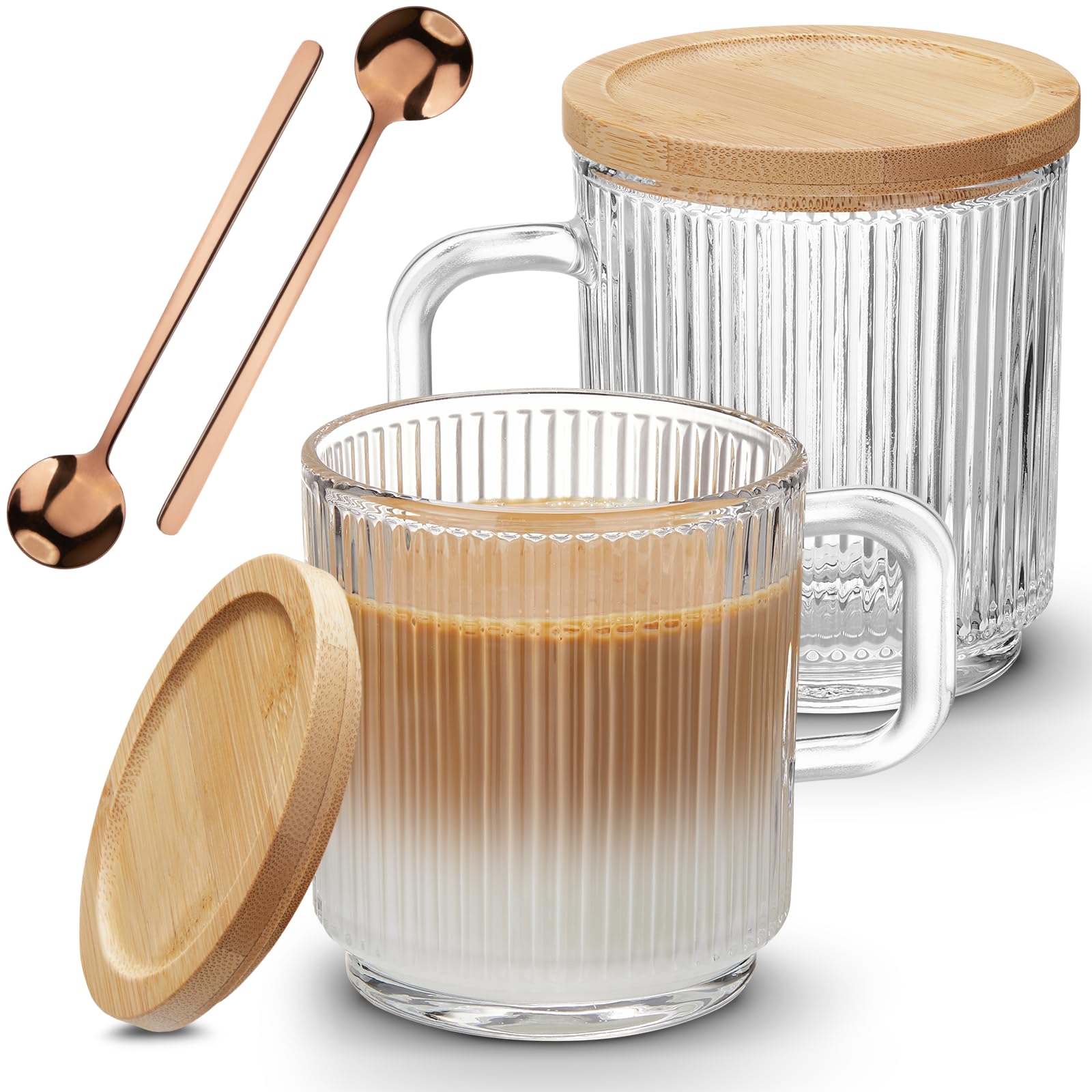 Mfacoy glass coffee mug set with handle and spoon for easy sipping.
