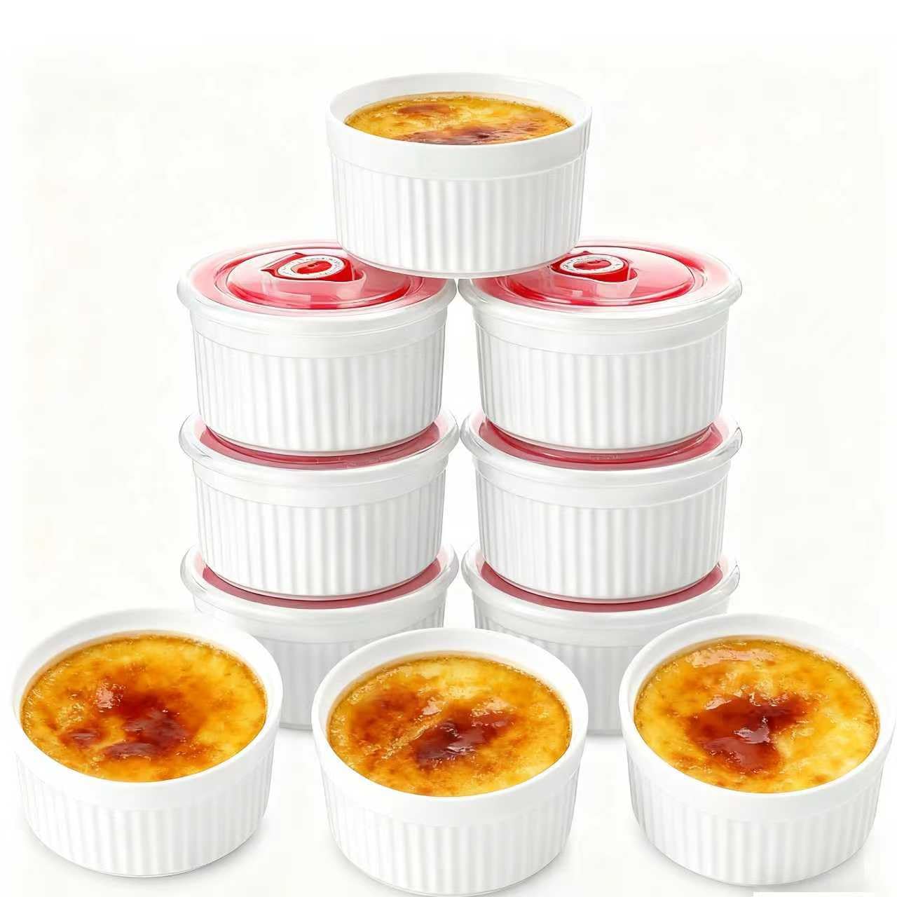 Mfacoy white ramekins with lids for fresh, portion-controlled servings.