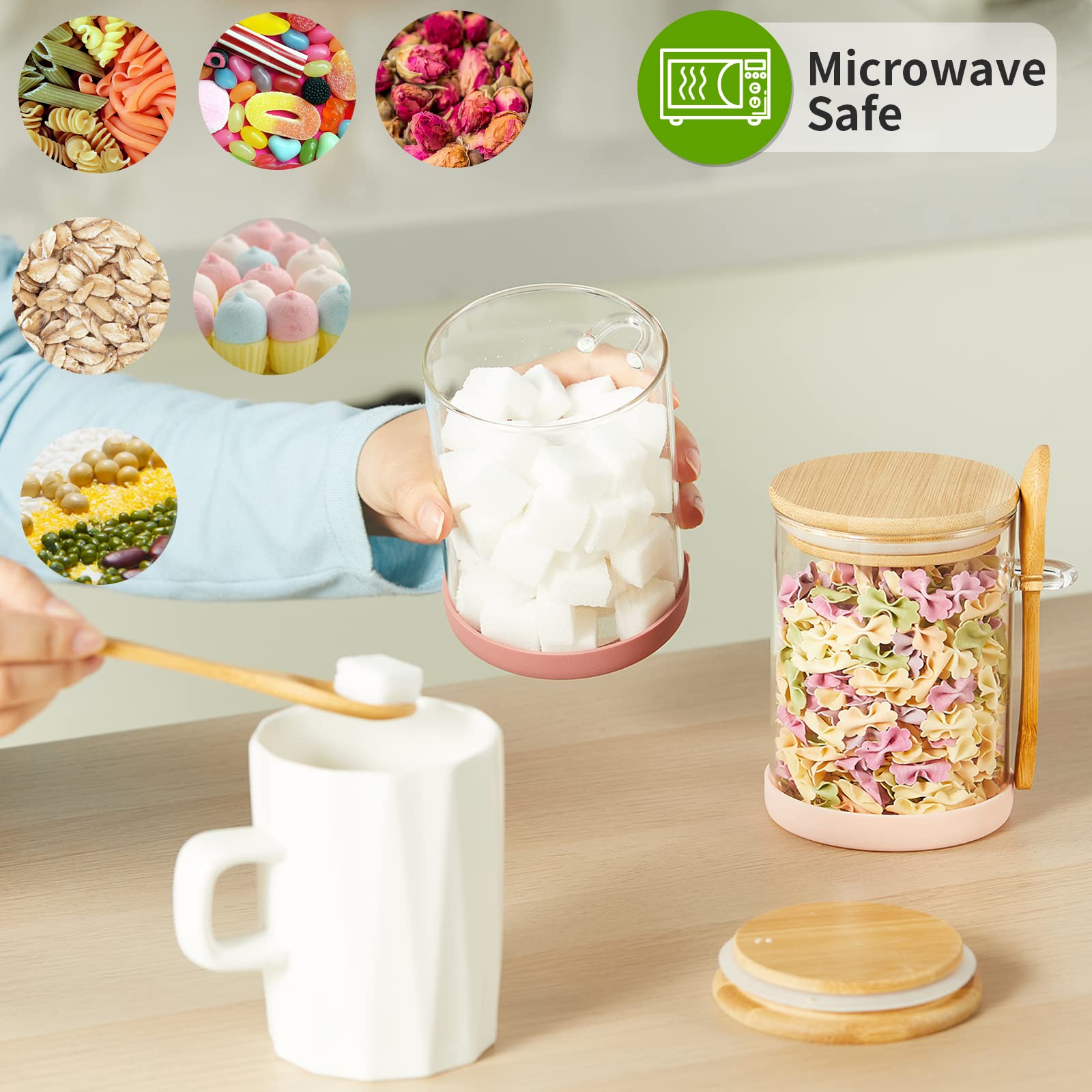 Mfacoy jar with attached spoon shows convenient serving and measuring at a glance