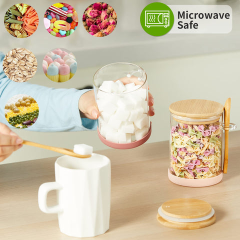 Mfacoy jar with attached spoon shows convenient serving and measuring at a glance