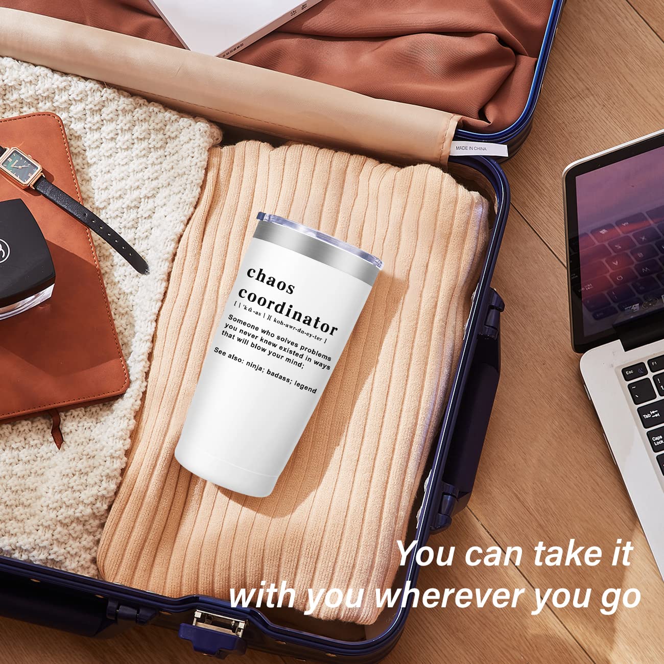 MFGNEH Chaos Coordinator Tumbler in car cup holder demonstrates travel-friendly design.