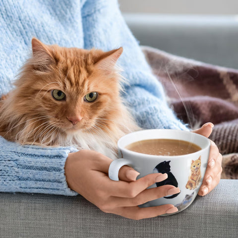 Cat lover enjoying a hot beverage with MFoffice mug design.