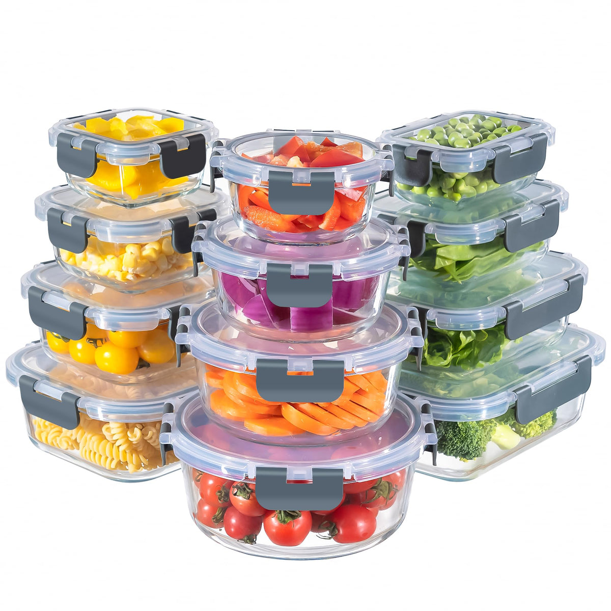 MFY 12-pack glass storage containers with lids for organized meal prep and leftovers.