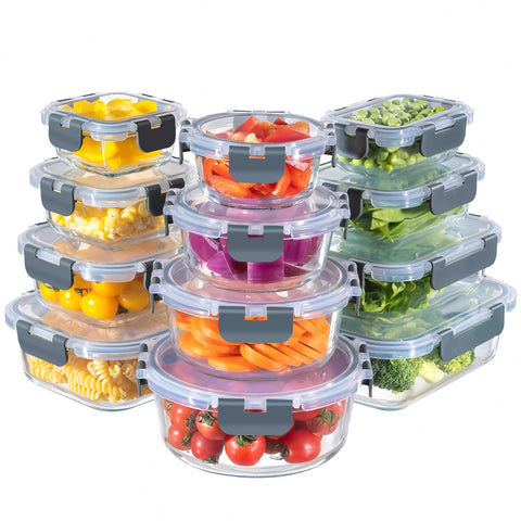 MFY 12-pack glass storage containers with lids for organized meal prep and leftovers.