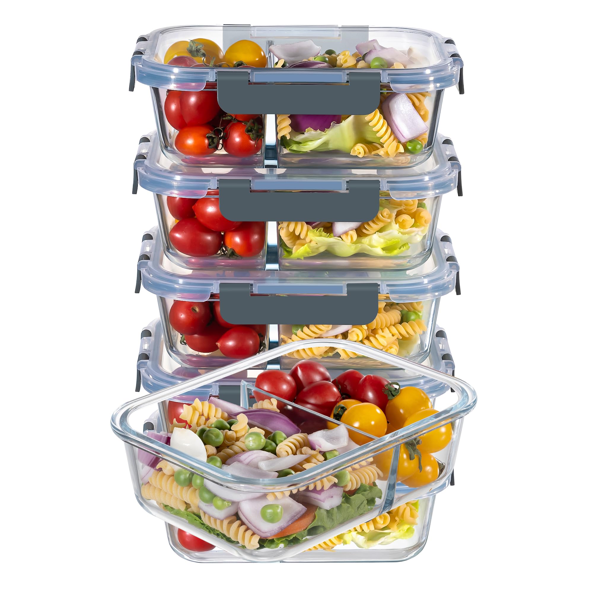 MFY 5-pack 36oz glass containers with two compartments for organized meal prep.