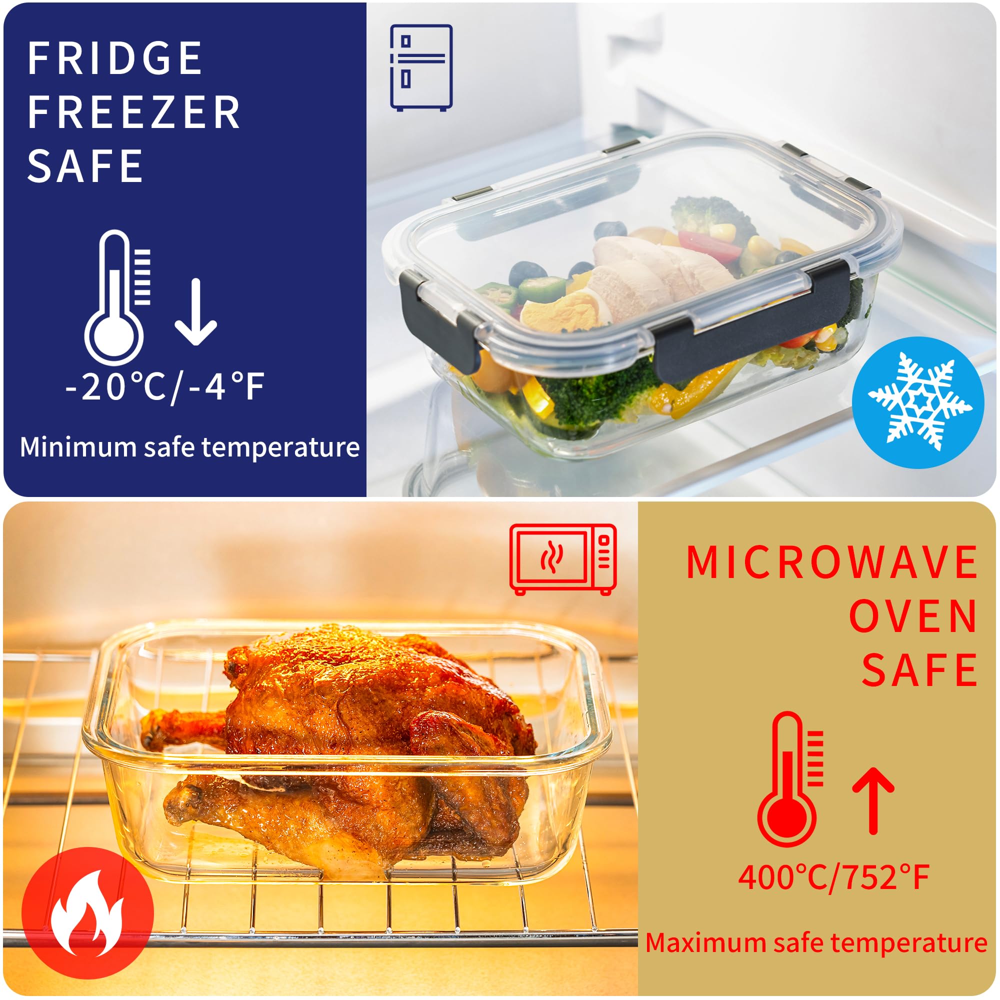 MFY oven-safe glass container withstands heat from freezer to microwave.