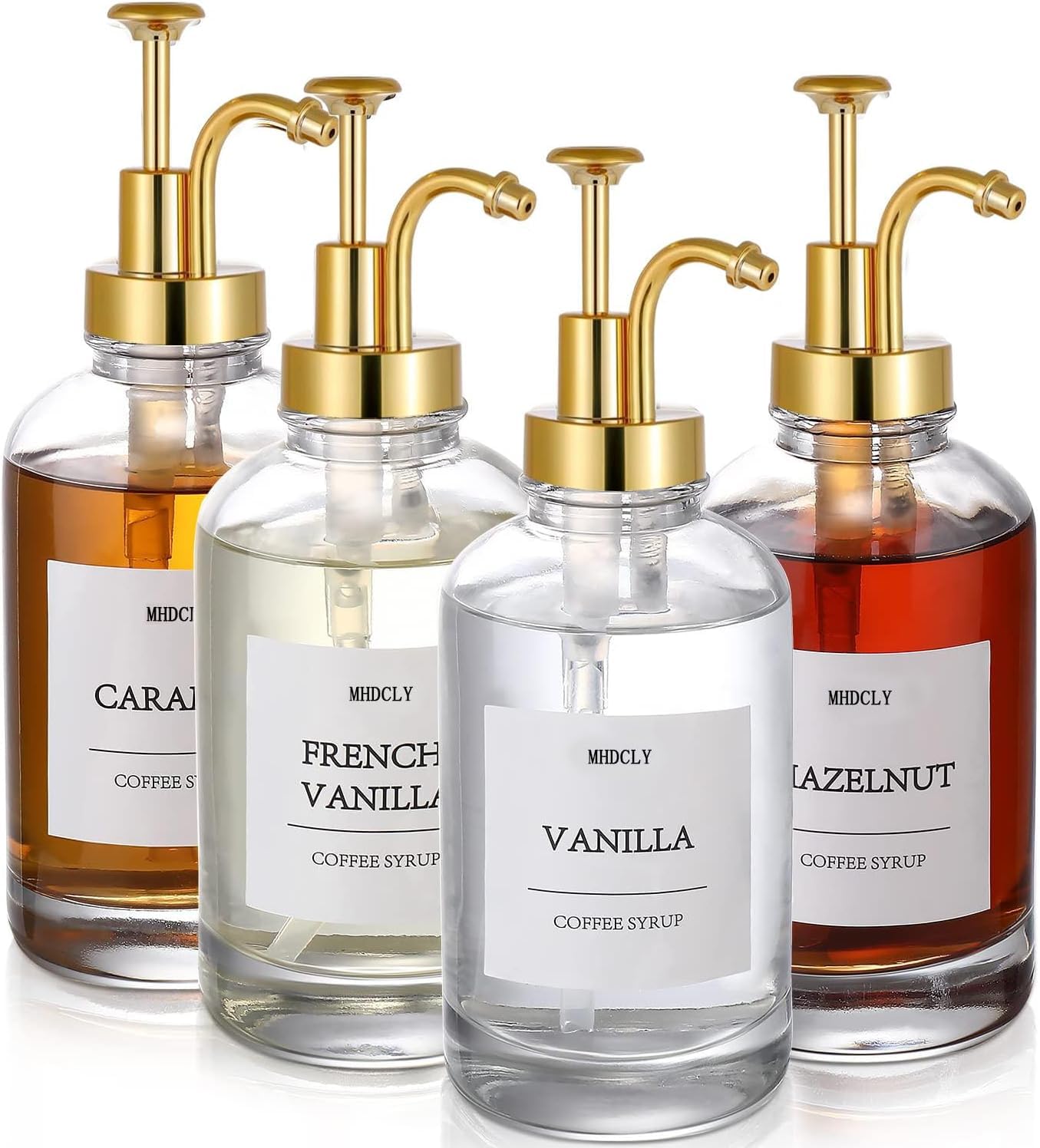 MHDCLY coffee syrup dispenser 4-pack with gold pumps for a tidy home bar