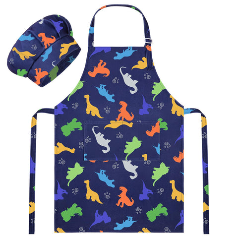 MHJY kids apron with dinosaur graphic and pocket storage for cooking