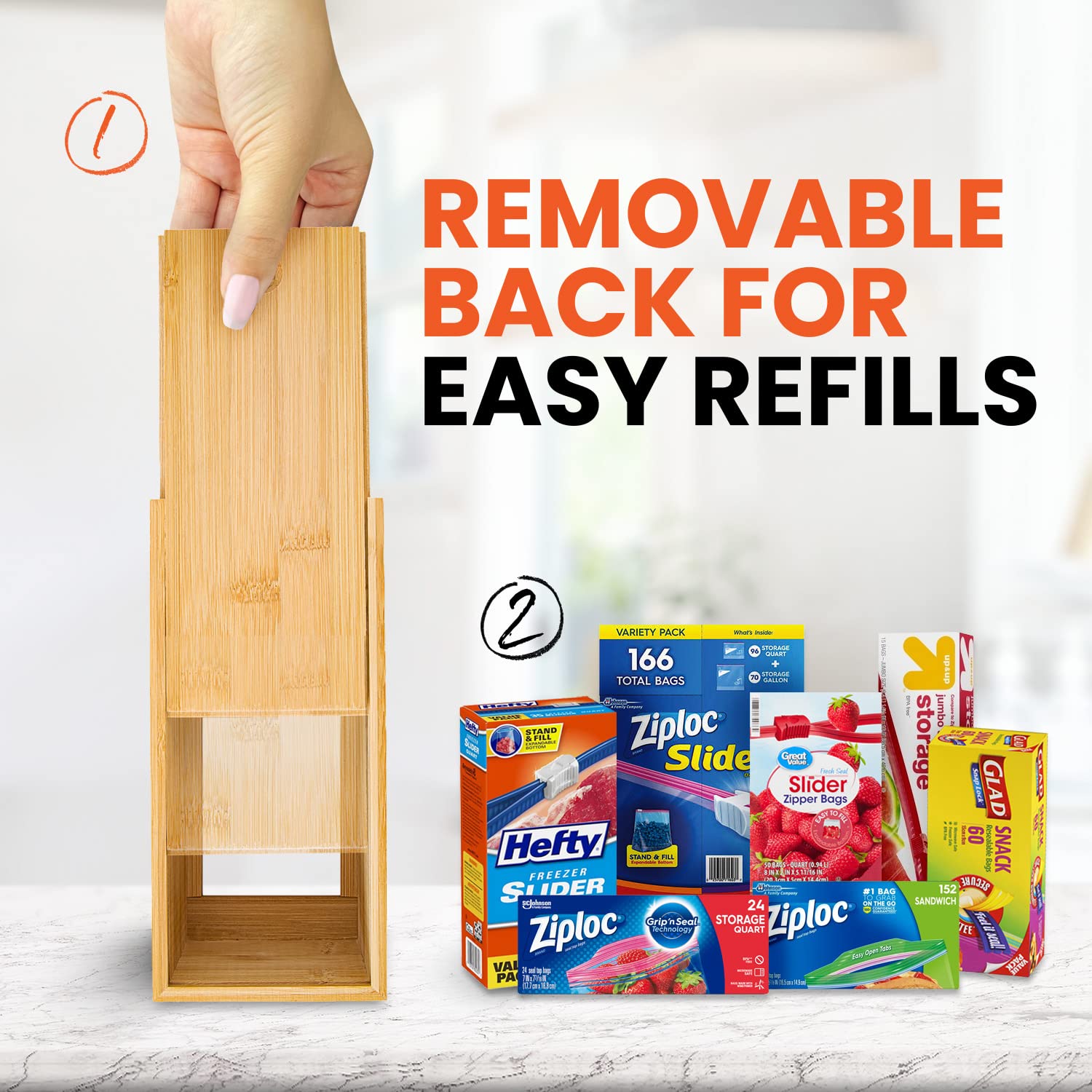 mHomeBilt bamboo bag storage organizer – close-up showing durable MOSO bamboo and finish.