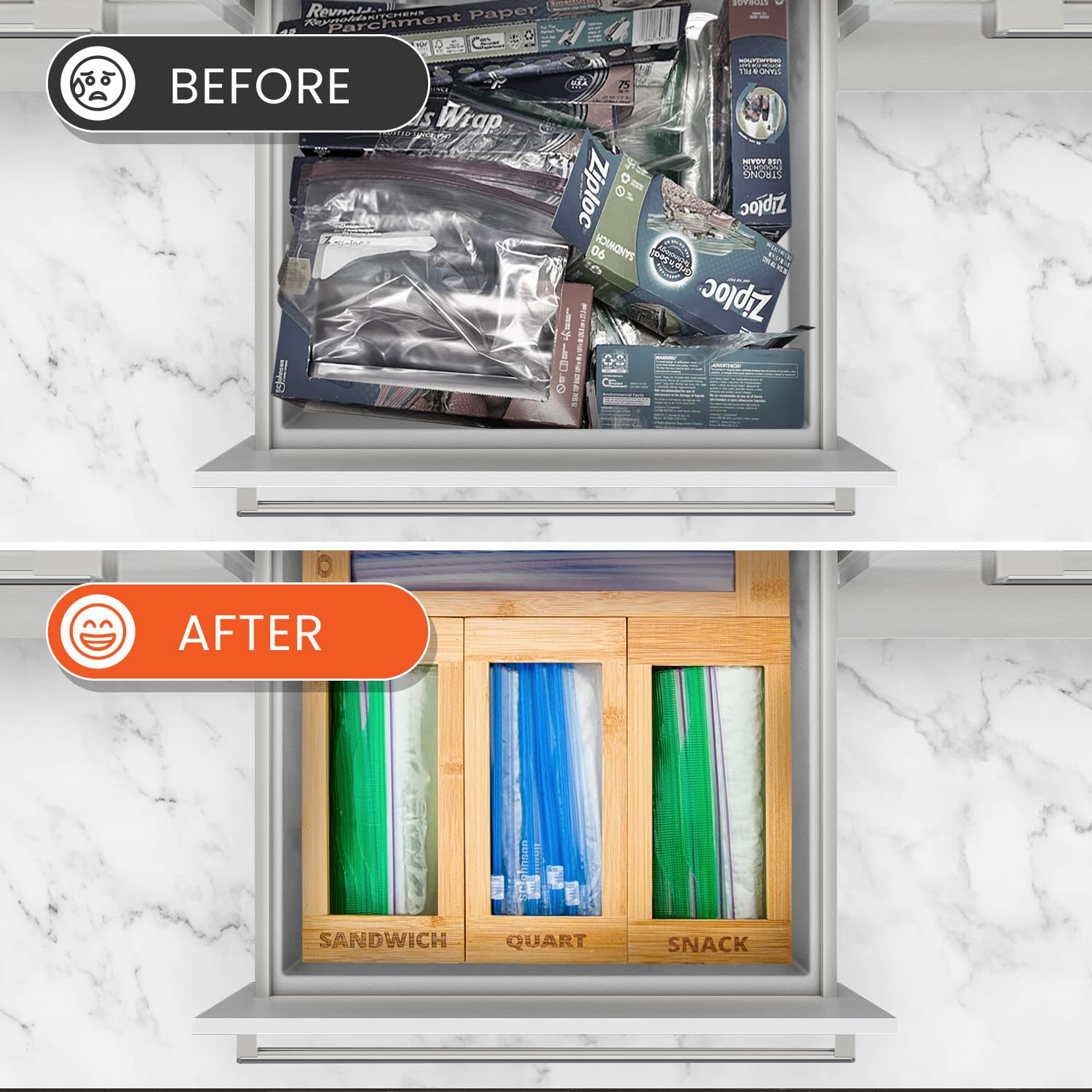 mHomeBilt bamboo bag storage organizer – interior drawer view with neatly sorted bags.