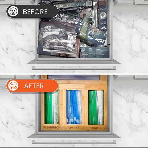 mHomeBilt bamboo bag storage organizer – interior drawer view with neatly sorted bags.