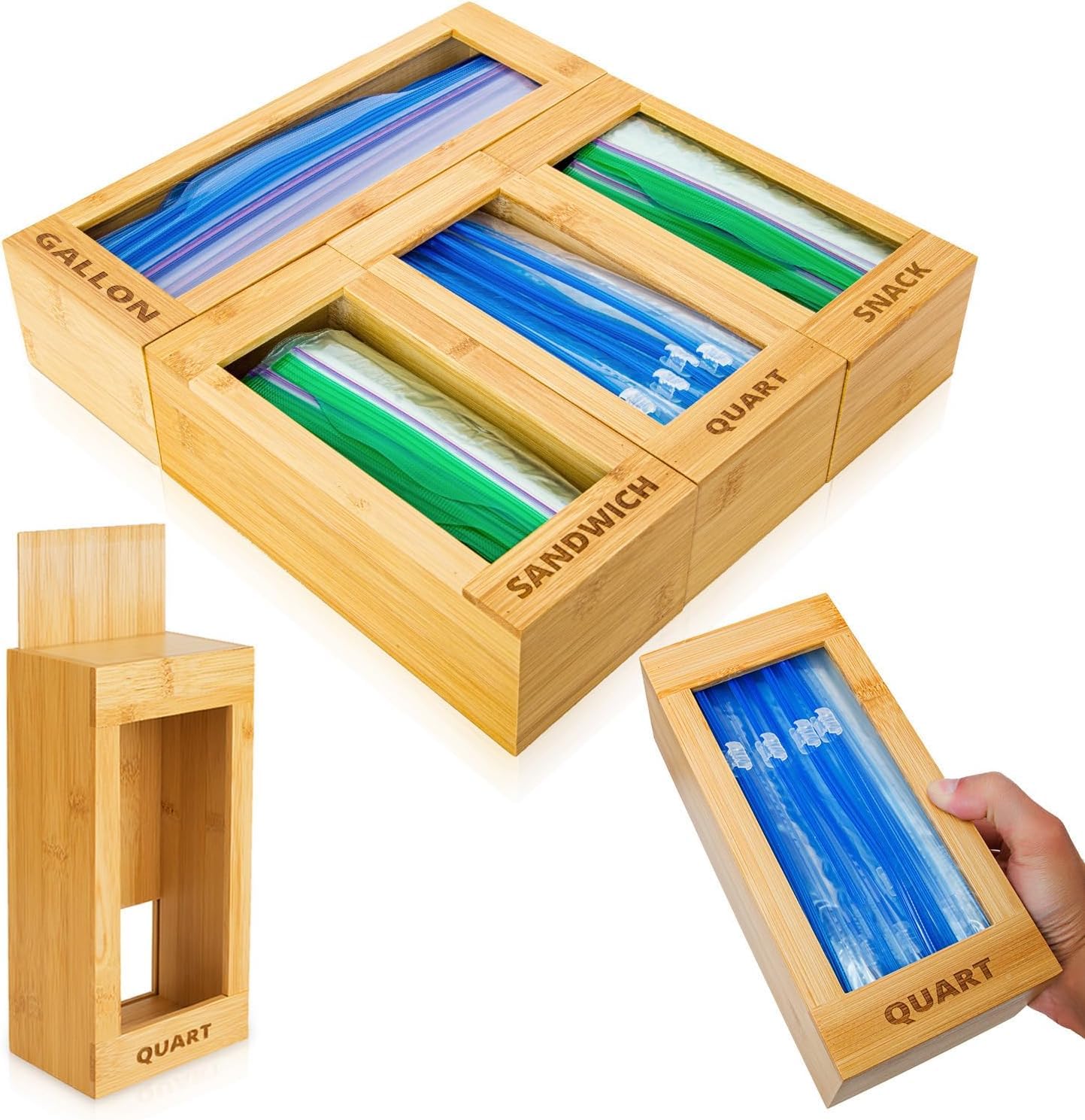 mHomeBilt bamboo bag storage organizer – front view for a tidy drawer and easy bag access.