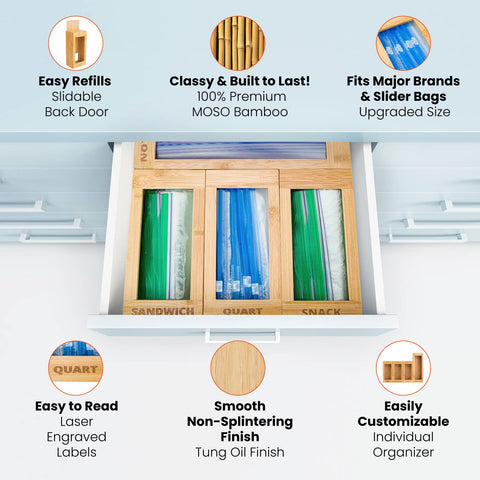 mHomeBilt bamboo bag storage organizer – engraved labels aid quick size identification.