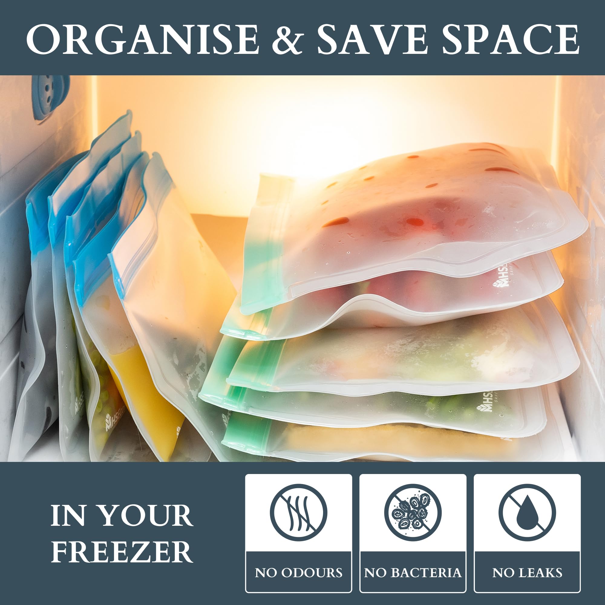 Large MHSEcoFriendly freezer bags store sauces and ingredients efficiently.