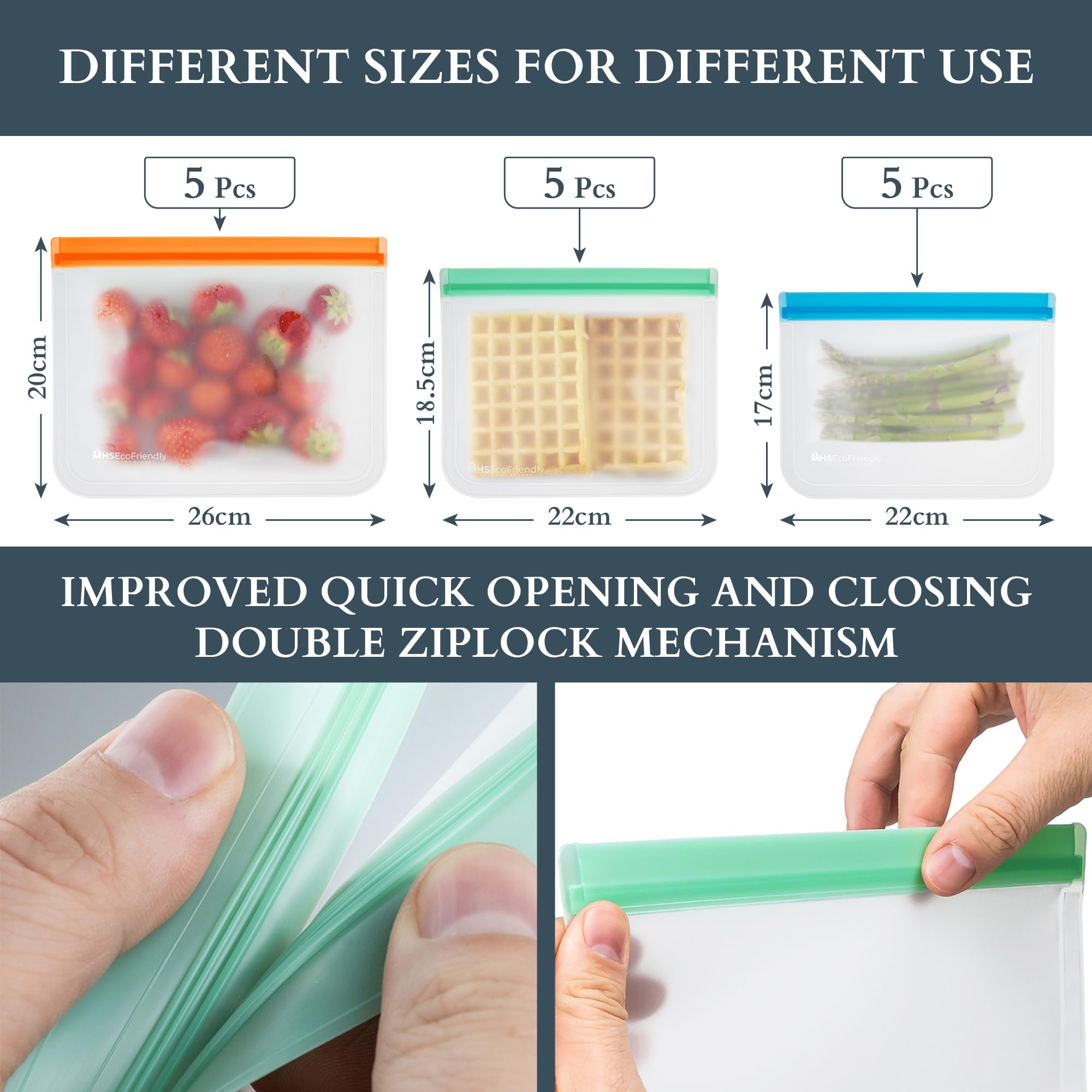Medium-size MHSEcoFriendly freezer bags ideal for lunch prep and snacks.