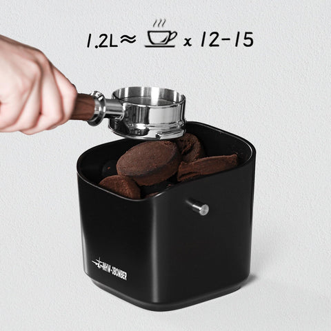 MHW-3BOMBER espresso knock box top view showing stable base and slim footprint.