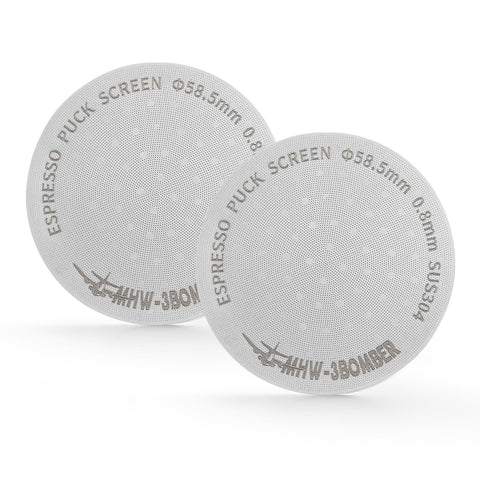 MHW-3BOMBER puck screen close-up highlighting 0.8mm thickness for precise filtration.