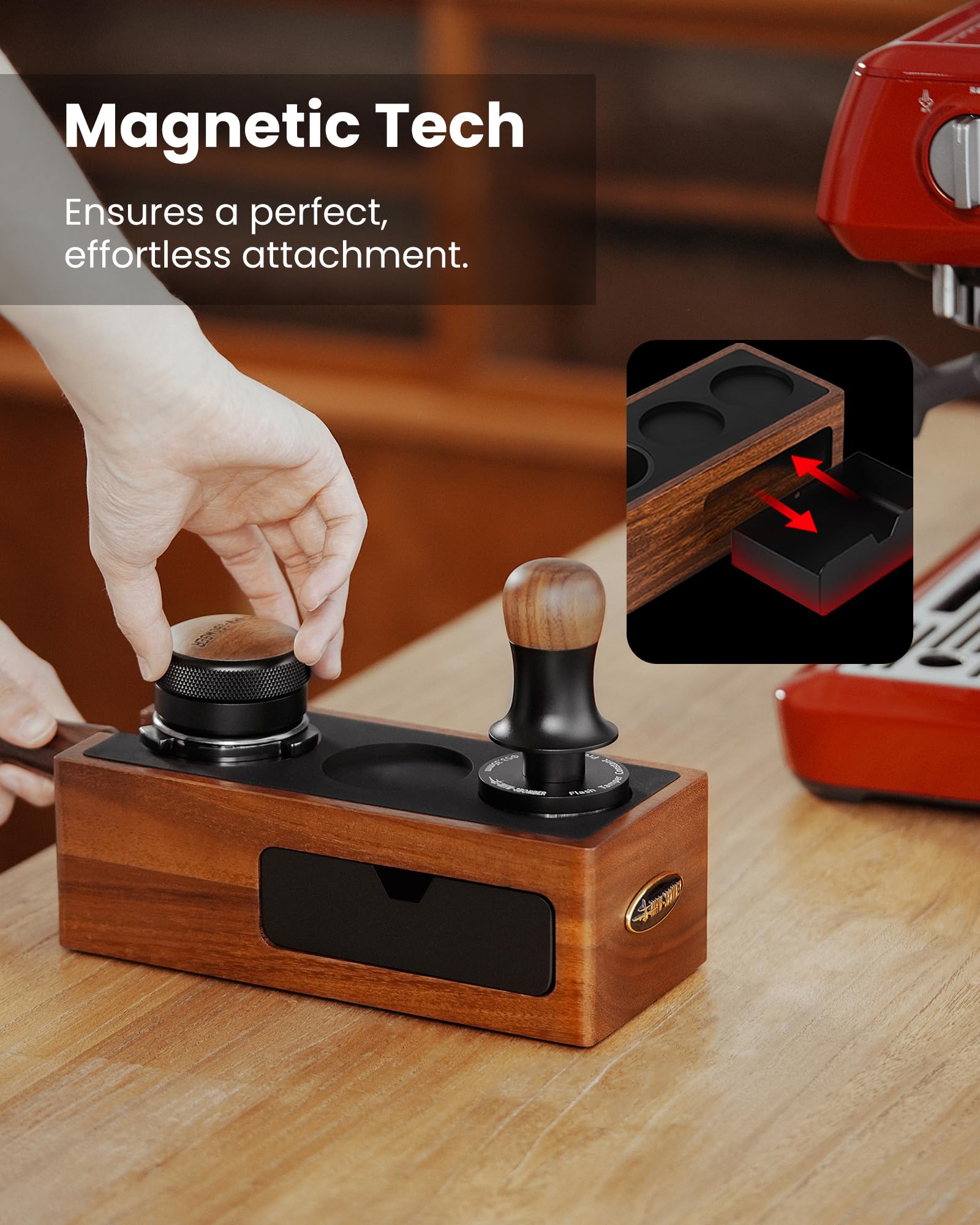 MHW-3BOMBER removable groove supports multiple portafilter sizes.