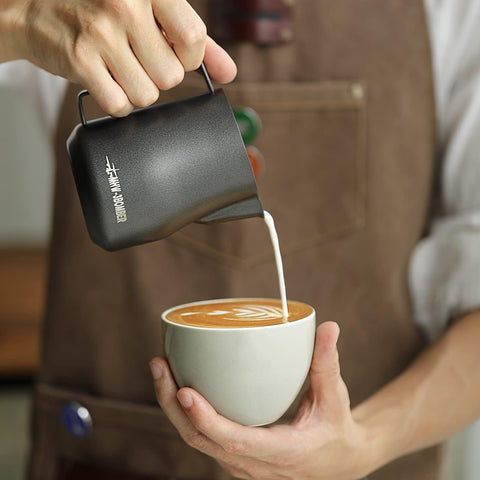 MHW-3BOMBER round spout milk pitcher supports clean pours for latte art