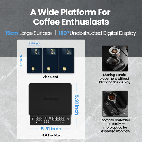 MHW-3BOMBER scale with portafilter-ready layout supports comfortable espresso shots