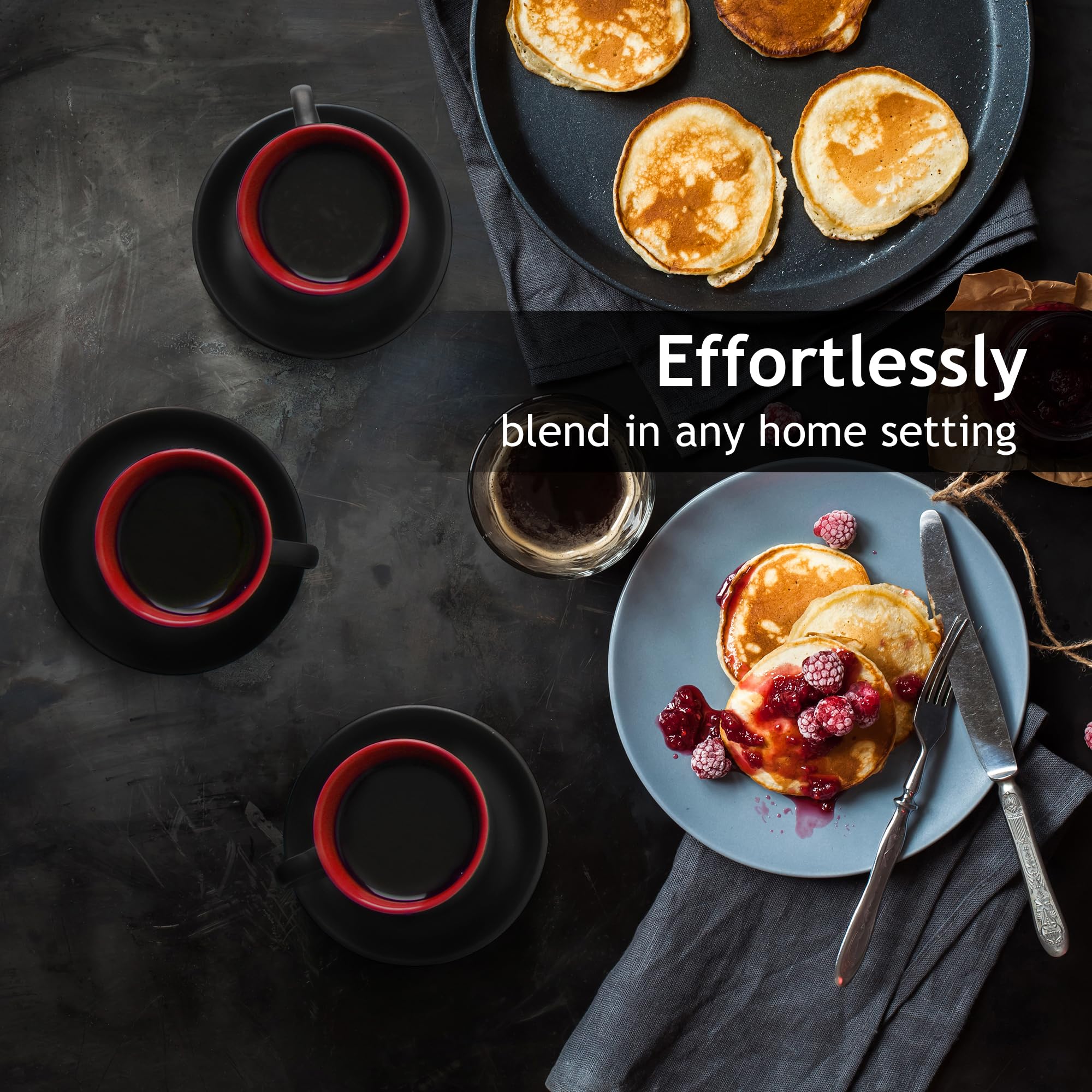 MIAMIO Le Papillon red espresso mug stand showing organized setup.