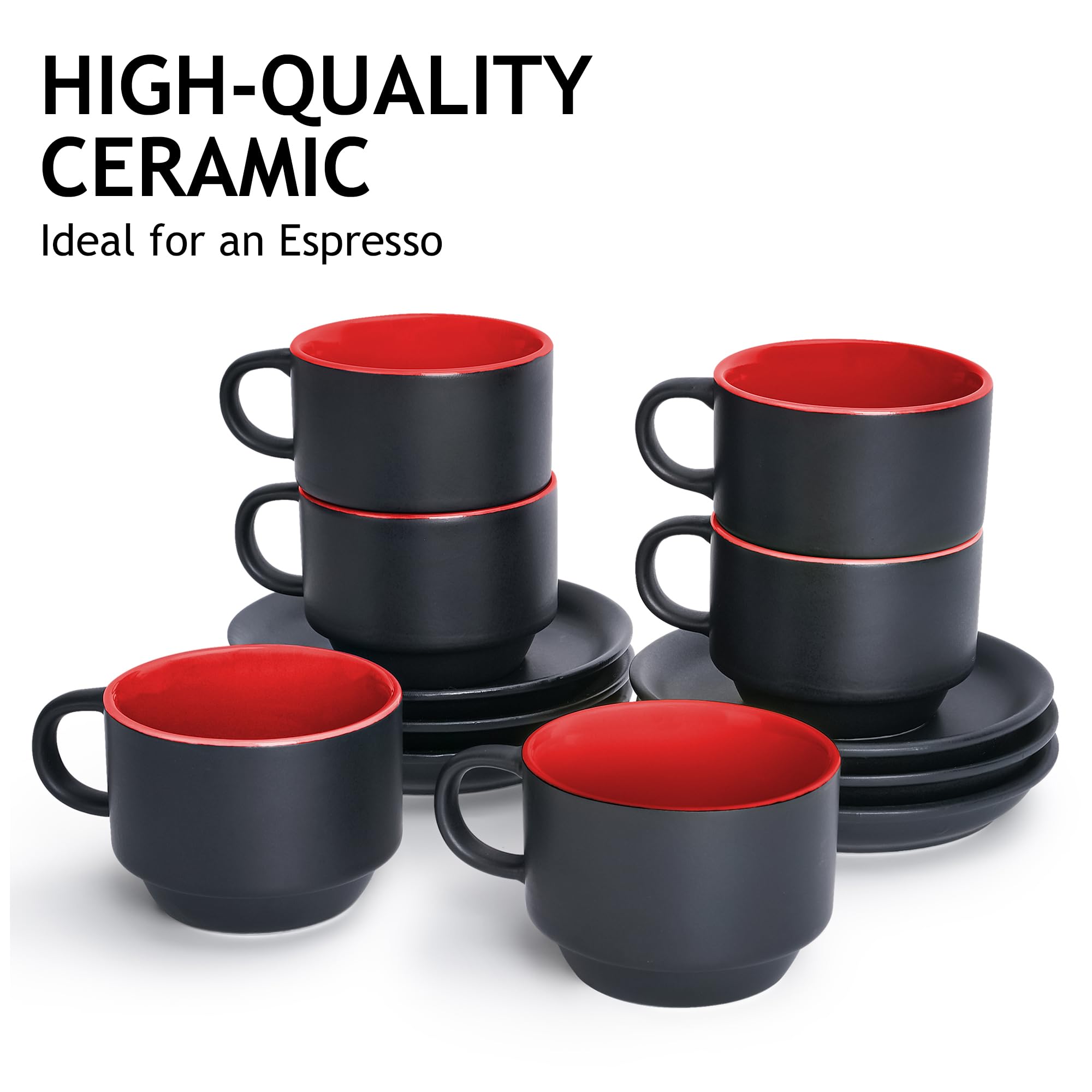 MIAMIO stackable ceramic espresso mugs with saucers, saves cupboard space.
