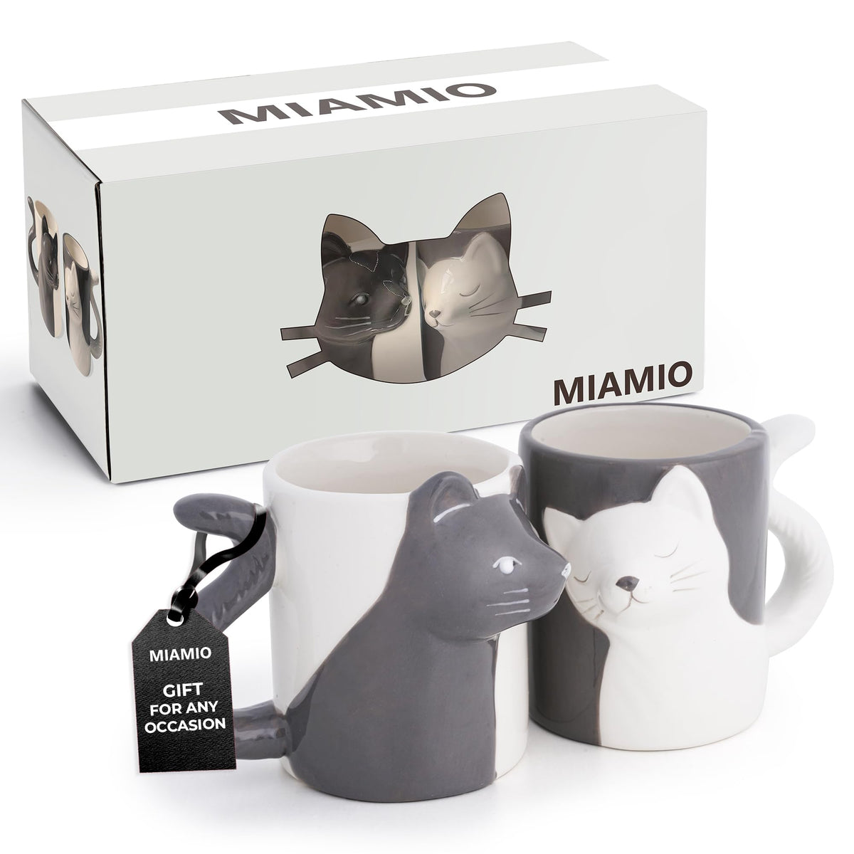 MIAMIO kissing cat mugs set pair with snug, interlocking design for cute display.